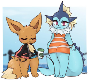 anthro anthrofied beverage biped blue_body blue_fur blue_skin blue_tail blush border bottomless bracelet brown_body brown_ears brown_fur brown_tail clothed clothing coffee dipstick_tail dress duo ear_piercing ear_ring eyes_closed female fin fluffy fluffy_tail fur holding_beverage holding_object jacket jewelry larger_anthro larger_female long_ears long_tail looking_at_viewer male markings multicolored_tail piercing pink_eyes pokemorph ring_piercing sea semi-anthro simple_background size_difference smaller_anthro smaller_male standing sun tail tail_fin tail_markings tan_tail thick_tail topwear two_tone_tail water white_border loppifi nintendo pokemon canid canine eevee eeveelution generation_1_pokemon mammal pokemon_(species) vaporeon digital_media_(artwork) hi_res signature