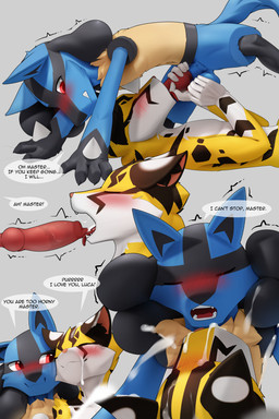 anthro blush bodily_fluids cum cum_in_mouth cum_inside cum_on_face duo ejaculation genital_fluids male male/male oral oral_penetration penetration steel_cat nintendo pokemon steel_cat_(character) domestic_cat felid feline felis generation_4_pokemon lucario mammal pokemon_(species) 2:3 hi_res