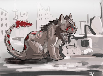 anthro feral fur grey_body grey_fur grey_scales heterochromatic_scleras heterochromia male markings orange_eyes pawpads paws quadruped red_body red_eyes red_markings red_scales scales scar wasteland rdy zgf_art fallout microsoft venrho_(razim) canid canine canis coyote hybrid mammal night_stalker_(fallout) reptile scalie snake 2026 absurd_res hi_res