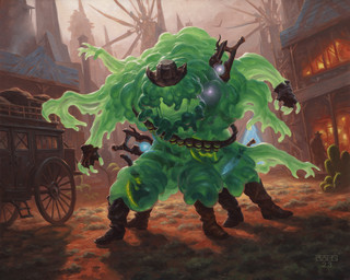 5_legs ambiguous_gender ammunition boots clothing cowboy_hat detailed_background fingerless_gloves footwear gloves green_body handwear hat headgear headwear multi_leg multi_limb not_furry open_mouth outside shoes solo standing tentacles vehicle wagon windmill chris_rahn hasbro magic:_the_gathering wizards_of_the_coast goo_creature humanoid 2023 hi_res official_art traditional_media_(artwork)