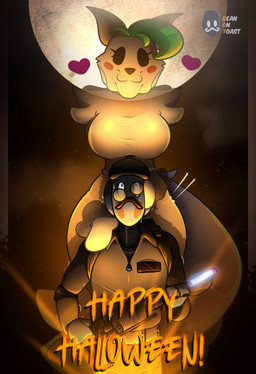 anthro big_breasts blush breasts clothing cosplay crossover_cosplay curvy_figure duo eyewear facial_hair female floating_hands glasses green_hair hair hat headgear headwear holidays imminent_sex machine male moon mustache surprised text thick_thighs beanontoast five_nights_at_freddy's five_nights_at_freddy's:_security_breach ghostbusters halloween scottgames steel_wool_studios roxanne_wolf s.t.a.f.f._bot_(fnaf) animatronic canid canine canis ghost humanoid mammal robot robot_humanoid spirit wolf crossover hi_res