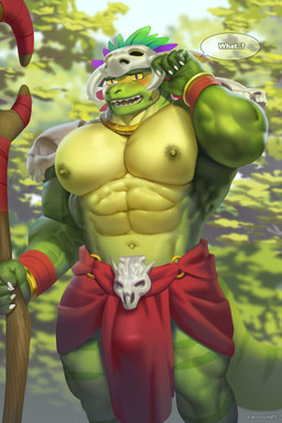 5_fingers abs anthro areola armor big_muscles big_pecs biped blurred_background bone bone_mask bottomwear bulge claws clothed clothed_anthro clothed_male clothing detailed_bulge dialogue facial_markings finger_claws fingers forest forest_background genital_outline glistening glistening_abs glistening_eyes glistening_pecs gold_(metal) gold_jewelry gold_necklace green_areola green_body green_nipples green_scales green_tail head_markings holding_object holding_staff huge_pecs jewelry loincloth loose_feather male male_anthro markings mask muscular muscular_anthro muscular_male nature nature_background navel necklace nipple_dip nipples o-ring open_mouth pecs penis_outline plant purple_eyes quads red_bottomwear red_clothing red_loincloth scales serratus shoulder_guards skull skull_mask solo speech_bubble staff stocky striped_body striped_markings striped_scales striped_tail stripes tail tail_markings teeth text tongue tongue_showing tree vein veiny_muscles white_claws yellow_markings yellow_sclera raccoon21 terraria shimmered_witch_doctor witch_doctor_(terraria) lihzahrd reptile scalie 2026 2:3 absurd_res artist_name digital_media_(artwork) english_text hi_res