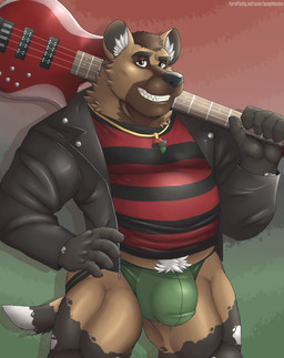 anthro barazoku bass_guitar belly black_coded black_nose body_hair bottomwear brown_body brown_eyes brown_fur bulge chain clothed clothing frohawk front_view fur gold_(metal) gold_chain grin guitar hair holding_object jacket jewelry jockstrap leather leather_clothing leather_jacket leather_topwear looking_at_viewer male multicolored_body multicolored_fur muscular muscular_anthro muscular_male musical_instrument necklace overweight overweight_anthro overweight_male plucked_string_instrument pubes simple_background smile solo standing string_instrument thick_thighs topwear underwear acephlosion darius_davis african_wild_dog canid canine canis mammal absurd_res digital_media_(artwork) hi_res