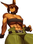 5_toes abs anthro big_breasts breasts brown_body brown_fur brown_hair clothed clothing collar feet female fur hair multicolored_body multicolored_fur muscular muscular_female pecs pecs_with_breasts simple_background solo toes two_tone_body two_tone_fur under_boob sotcho dog_knight_rpg rory_(ceehaz) canid canine canis dobermann domestic_dog mammal pinscher 2023 absurd_res hi_res