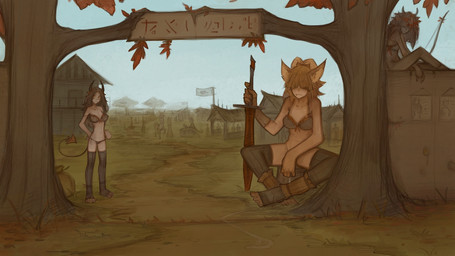 bow_(weapon) bra campsite clothing detailed_background female flag forest group larger_female legwear macro melee_weapon not_furry obstructed_eyes plant ranged_weapon sitting size_difference spade_tail sword tail thigh_highs tree underwear weapon syvaron demon demon_humanoid humanoid 16:9 2025 hi_res widescreen