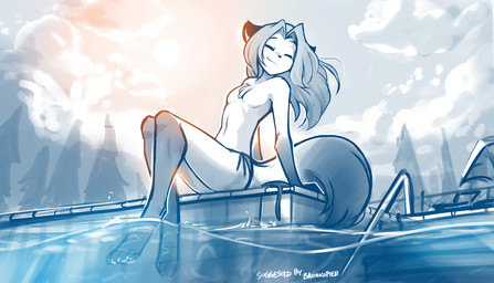 anthro beach bikini bikini_bottom bikini_bottom_only breasts chest_tuft clothed clothing digitigrade eyes_closed featureless_breasts female female_anthro gloves_(marking) leaning leaning_backward leg_markings markings navel outside pier seaside sitting small_breasts smile socks_(marking) solo swimming_pool swimwear topless topless_female tuft two-piece_swimsuit wind conditional_dnp tom_fischbach twokinds laura_(twokinds) canid canine fox keidran mammal red_fox true_fox 2022 adobe_photoshop_(artwork) blue_and_white digital_media_(artwork) hi_res monochrome sketch