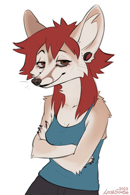 anthro arm_tuft blue_clothing blue_topwear bottomwear brown_eyes cheek_tuft closed_smile clothed clothing crossed_arms ear_piercing eyelashes facial_tuft female front_view fur gauged_ear glistening glistening_eyes grey_bottomwear grey_clothing grey_pants hair looking_at_viewer mouth_closed narrowed_eyes pants piercing red_hair shoulder_tuft simple_background smile solo tan_body tan_fur topwear tuft white_background lostgoose leyara_(lostgoose) canid canine fennec_fox fox mammal true_fox 2023 dated signature