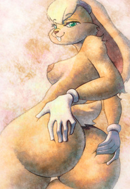 anthro big_butt blonde_hair butt butt_grab close-up clothing female fur gloves green_eyes hair hand_on_butt handwear orange_body orange_fur ponytail ponytail_ears pose smile smiling_at_viewer solo standing teeth toony touching_butt yellow_body yellow_fur rispi looney_tunes space_jam tiny_toon_adventures tiny_toons_looniversity warner_brothers lola_bunny lagomorph leporid mammal rabbit digital_media_(artwork) hi_res pinup