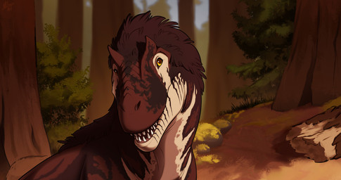 ambiguous_gender brown_body brown_markings day detailed_background feral forest horn markings multicolored_body open_mouth outside plant sharp_teeth solo striped_markings stripes tan_body teeth tree yellow_eyes nklaus allosaurid allosauroid allosaurus dinosaur prehistoric_species reptile saurischian scalie theropod 2026 colored digital_drawing_(artwork) digital_media_(artwork) hi_res shaded
