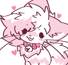 ambiguous_gender bell blush blush_lines collar feral feralized fur heart_symbol jingle_bell pink_body pink_fur simple_background solo tail whiskers white_background white_body white_fur pinkpoffinz puffi_(pinkpoffinz) canid canine domestic_cat felid feline felis fox hybrid mammal 2025 digital_media_(artwork) flat_colors hi_res