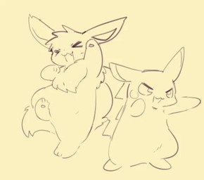 >_< ambiguous_gender cute_fangs daww dipstick_ears duo ear_markings eyes_closed fangs fluffy fluffy_tail fur happy head_tuft jumping male multicolored_ears open_mouth pawpads paws punch punching_air semi-anthro shadowboxing simple_background standing tail teeth tuft olyester nintendo pokemon eevee generation_1_pokemon pikachu pokemon_(species) 2019 2d_animation animated frame_by_frame loop sketch