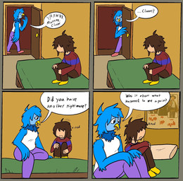 4_panel_comic ambiguous_gender anthro beak bed biped blue_body blue_feathers blue_hair brown_hair closed_frown clothed clothed_female clothed_human clothing comforting dialogue door duo feathers female frown furniture hair hair_over_eyes inside light_body light_skin motion_lines mouth_closed movie_poster nodding open_mouth sitting speech_bubble text walking winged_arms wings yawn claire_deloon the_good_the_bad_and_the_ugly undertale_yellow clover_(undertale_yellow) martlet_(undertale_yellow) avian bird human mammal 2024 comic digital_drawing_(artwork) digital_media_(artwork) english_description english_text hi_res