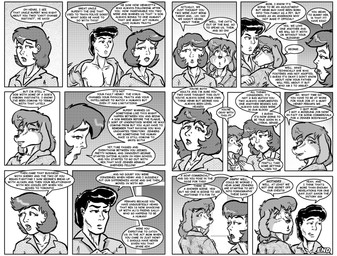 anthro blush clothed clothed_female clothed_male clothing dialogue dressing female fur group hair male male/female shirt text topwear trio style_wager brave_new_world_(style_wager) henrietta_hound beagle canid canine canis domestic_dog human hunting_dog mammal scent_hound comic english_text greyscale monochrome