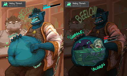 abdominal_bulge anthro anthro_pred belly big_belly black_bow_tie black_hair blue_body blue_eyes blue_fur blue_hair blue_insides blue_tongue bow_tie brown_eyes burping burping_up_glasses burping_up_object clothed clothed_anthro clothed_human clothing druid eyewear fur gameplay_mechanics glasses grey_body grey_fur group gui hair hand_on_belly hand_on_own_belly hat headgear headwear healing_magic healing_vore health_bar human_prey inside_stomach internal jewelry mage_hat magic magic_bar magic_user male male_pred male_prey narrowed_eyes navel necklace open_mouth oral_vore rumbling_stomach sharp_teeth sound_effects spell star_necklace teeth text timer tongue tongue_out torn_clothing tribal_spellcaster trio vore wide_eyed chopangigante bluep human mammal mustelid otter english_text hi_res signature