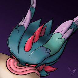 deep_throat duo eyelashes female front_view green_body interspecies long_tongue male male/female oral oral_penetration penetration purple_background red_sclera red_spikes simple_background spikes spikes_(anatomy) tan_body tan_skin tongue tongue_out yellow_eyes supermoonshroom nintendo pokemon ancient_pokemon flutter_mane generation_9_pokemon human mammal paradox_pokemon pokemon_(species) 1:1 absurd_res hi_res