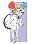 anthro blue_inner_ear bottomless clothed clothing coat eyewear female glasses lab_coat red_inner_ear solo topwear ittybittymomo animal_crossing nintendo petri_(animal_crossing) mammal mouse murid murine rodent