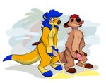 admiring anthro being_watched blue_hair blush bodily_fluids duo eyes_closed eyewear genital_fluids genitals glasses hair looking_at_another male male/male peeing peeing_on_ground peeing_together penis tongue tongue_out urine urine_on_ground watersports orlandofox disney the_lion_king tigerthemeerkat timon herpestid mammal meerkat 2019 hi_res