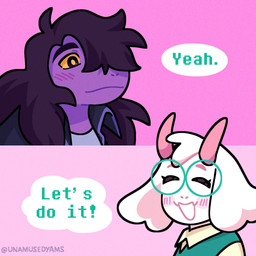 2_horns 2_panel_comic anthro biped black_eyes blush blush_lines brown_hair clothed clothed_anthro clothed_female clothed_male clothing cute_fangs dialogue duo exclamation_point eyes_closed eyewear fangs female female_anthro floppy_ears fur glasses hair happy horn long_hair male male_anthro open_mouth open_smile pink_background pink_horn pupils purple_body purple_scales scales simple_background smile snout speech_bubble talking_to_another teeth text three-quarter_view wearing_glasses white_body white_fur yellow_pupils yellow_sclera unamusedyams deltarune undertale_(series) ralsei susie_(deltarune) bovid caprine darkner goat mammal scalie 1:1 2026 artist_name comic digital_drawing_(artwork) digital_media_(artwork) hi_res trans_(lore) trans_woman_(lore)