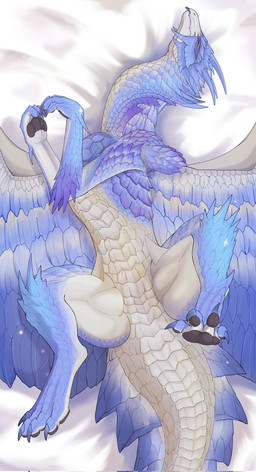 ambiguous_gender beak bed blue_body blue_scales countershading eyes_closed featureless_crotch feet feral furniture ice lying on_back purple_body purple_scales scales simple_background solo spread_legs spreading thighs_spread wings velkhana4396 capcom monster_hunter elder_dragon velkhana 2026 digital_drawing_(artwork) digital_media_(artwork) hi_res shaded