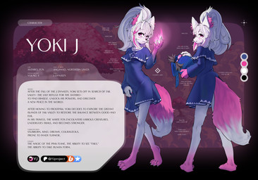 anthro claws clothing description dress female fire fluffy fluffy_hair fluffy_tail fox_tail fur hair looking_at_viewer magic multicolored_body pink_body pink_claws pink_fur smile solo tail text white_body white_claws white_fur white_hair kyrkyma yj_project yoki_j_(yj) canid canine fox mammal absurd_res english_text hi_res model_sheet
