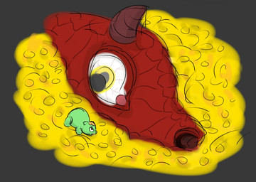 ambiguous_feral ambiguous_gender blonde_hair bloodshot_eyes brown_horn coin duo feral fur green_body green_fur hair horn looking_at_another neonate red_body red_scales scales scared size_difference treasure yellow_eyes young young_ambiguous young_feral carpdime fluffy_pony fluffy_pony_(species) mammal digital_media_(artwork) shaded story_at_source