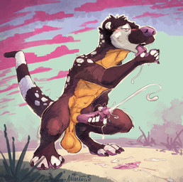 anthro balls blush bodily_fluids clothing cum cumshot ejaculation fur genital_fluids genitals licking_cum male membrane_(anatomy) nude orange_body orange_fur orgasm_face outside panties solo spots underwear webbed_hands animancer coati gulonine mammal marten mustelid musteline procyonid yellow-throated_marten 2025 hi_res