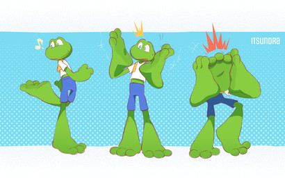 anthro clothed clothing corruption feet foot_fetish foot_hands foot_transformation green_body male solo surprised transformation transformation_sequence itsundra frogger konami frogger_(character) amphibian foot_creature foot_head frog 16:10 hi_res widescreen