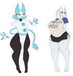 anthro biped black_body blue_body clothed clothing duo female machine purple_eyes simple_background white_background white_body yellow_eyes rottenarmor deltarune undertale undertale_(series) tasque_manager toriel boss_monster_(undertale) bovid caprine domestic_cat felid feline felis goat mammal robot hi_res