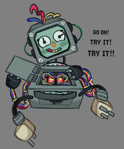 battery blush blush_lines female green_blush grey_background grey_body grin lying machine mechanic meter not_furry on_back on_model plug simple_background smile solo text wire wire_hair yellow_nose critterscrawl don't_hug_me_i'm_scared electracey robot 5:6 english_text hi_res