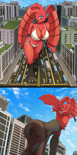 anthro big_breasts big_butt bikini blue_eyes breasts butt car city city_background cityscape clothed clothing destruction feet female foot_crush looking_down macro micro partially_clothed red_body soles stuck_to_foot swimwear talons toes traffic two-piece_swimsuit vehicle vehicle_destruction walking son2j phoebe_(knightoiuy) avian bird absurd_res comic hi_res long_image tall_image
