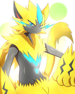 anthro biped black_body black_fur blue_eyes blue_whiskers bright_light cute_fangs fangs fingers fluffy fur fur_markings geometric_background light looking_at_viewer male markings paws simple_background solo teeth whiskers yellow_body yellow_fur katios_0215 nintendo pokemon felid generation_7_pokemon legendary_pokemon mammal pokemon_(species) zeraora 4:5 digital_media_(artwork) half-length_portrait hi_res portrait