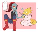 duo eye_patch eyewear female glasses hand_holding narrow_hips simple_background sitting text thin_calves thin_legs thin_thighs ikutasemi undertale undertale_(series) alphys undyne animal_humanoid fish fish_humanoid humanoid marine marine_humanoid scalie japanese_text