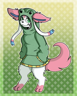 bottomless clothed clothing facial_tuft feral fur gradient_background green_background green_clothing green_eyes green_hoodie green_topwear hands_in_both_pockets hoodie hoodie_only leg_markings leg_tuft looking_at_viewer male markings pattern_background pink_body pink_fur ribbons_(anatomy) simple_background smile socks_(marking) solo tail text topwear topwear_only tuft white_body white_fur yellow_background shadow_snowflake nintendo pokemon brian_the_sylveon fan_character eeveelution generation_6_pokemon pokemon_(species) sylveon artist_name hi_res