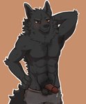 anthro balls black_body black_fur blush bodily_fluids body_hair chest_hair clothing dripping fur genital_fluids genitals glans male pecs penis pose precum precum_drip pubes smile solo underwear shov_16 canid canine canis mammal wolf hi_res