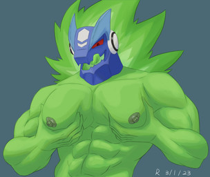 abs anthro green_body licking licking_lips male muscular muscular_male nipples pec_grab pecs red_eyes red_sclera solo tongue tongue_out art_roki rocky_the_rookie capcom mega_man_(series) mega_man_star_force omega-xis em_being hi_res