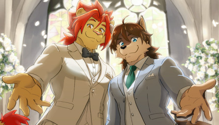 accessory anthro black_bow_tie blue_eyes bow_tie brown_body brown_fur brown_hair church clothing countershade_face countershade_hands countershading duo flower fur green_necktie grey_suit_jacket hair long_hair looking_at_viewer male male/male mane monotone_body monotone_fur multicolored_body multicolored_fur necktie orange_eyes pedals plant red_mane rose_(flower) suit tan_body tan_countershading tan_fur two_tone_body two_tone_fur white_clothing white_suit yellow_body yellow_fur voitman2024 morenatsu shun_kodori soutarou_touno canid canine canis felid lion mammal pantherine wolf 2026 hi_res