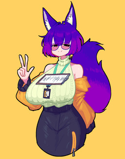 big_breasts black_bottomwear black_clothing black_skirt bottomwear breasts clipboard clothed clothing eyewear female gesture glasses hair hand_gesture huge_breasts id_card inner_ear_fluff jacket light_body light_skin narrowed_eyes off_shoulder orange_clothing orange_jacket orange_topwear pencil_skirt pointy_ears purple_hair purple_tail simple_background skirt sleeveless_sweater solo sweater tail topwear tuft v_sign yellow_background zipper_skirt purplenamako freight_(crr001) animal_humanoid cat_humanoid felid felid_humanoid feline feline_humanoid humanoid mammal mammal_humanoid 2024 hi_res portrait three-quarter_portrait