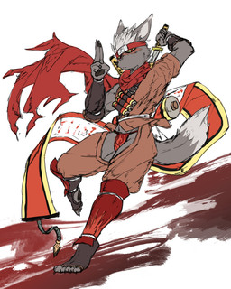 accessory anthro asian_clothing bottomwear bulge clothing crotchless_bottomwear crotchless_clothing crotchless_pants east_asian_clothing fundoshi headband japanese_clothing male melee_weapon pants red_clothing red_fundoshi red_underwear scarf scroll solo sword underwear weapon imokennpi lifewonders tokyo_afterschool_summoners tadatomo_(tas) canid canine canis domestic_dog mammal hi_res