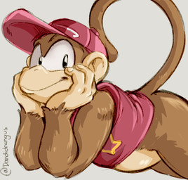 anthro bottomless brown_body brown_fur clothed clothing fur hat headgear headwear looking_at_viewer lying male multicolored_body on_front smile solo tan_body tan_ears tan_skin dandi donkey_kong_(series) nintendo diddy_kong haplorhine mammal monkey primate 2018 portrait
