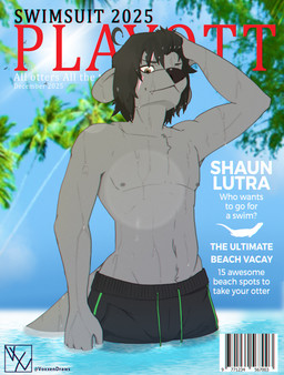 anthro black_hair brown_eyes chest_fur clothing fangs fur grey_body grey_fur hair male scar smile solo swimwear teeth text wet wet_body voxxen shaun_lutra_(voxxen) mammal mustelid otter cover english_text hi_res magazine_cover