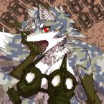 1:1 abstract_background anthro big_breasts breasts camo canid canine clothed clothing concon-collector digicamo digital_camo digital_camouflage female fox fur gas_mask hagano looking_at_viewer low_res mammal mask official_art red_eyes semoventoh skimpy solo white_body white_fur