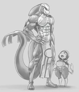 abs anthro biceps big_breasts black_sclera bottomwear breasts bulge cleavage clothed clothing duo female larger_male loincloth male muscular open_mouth pecs pokemorph scar shortstack size_difference smaller_female smile standing topless vein conditional_dnp daserfomalhaut nintendo pokemon bisharp generation_3_pokemon generation_5_pokemon kyogre legendary_pokemon pokemon_(species) greyscale hi_res monochrome source_request