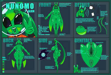 2_tongues 4_fingers antennae_(anatomy) anus areola big_breasts big_butt black_eyes breasts butt clothing digitigrade eyebrows female fingers genitals gesture glistening glistening_body green_body hand_gesture huge_breasts huge_butt looking_at_viewer markings multi_tongue nipples nude orange_clothing pseudo_hair sharp_teeth short_tail solo spacesuit spots spotted_body standing tail teeth telekinesis text thick_thighs tongue unusual_anatomy unusual_genitalia unusual_vulva v_sign vulva jizothewanderer nunomo_(jizothewanderer) alien alien_humanoid humanoid english_text hi_res model_sheet