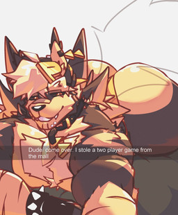 anthro bandage bandage_on_face bandage_on_nose big_butt bracelet butt caption chest_tuft clothing collar ear_piercing fangs gloves hair handwear huge_butt jewelry lying male muscular muscular_anthro pecs piercing scar selfie sharp_teeth smile solo spiked_bracelet spiked_fur spikes tail teeth text thick_thighs thong tuft underwear zappyron proton_(zappyron) canid canine canis hybrid mammal wolf digital_drawing_(artwork) digital_media_(artwork) english_text hi_res shaded