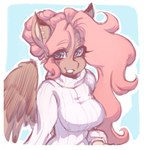 anthro clothed clothing ear_piercing eyebrows eyelashes female grin hair long_hair looking_at_viewer piercing simple_background smile solo wings tolsticot mythology fan_character equid equine mammal mythological_creature mythological_equine pegasus 2023