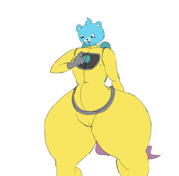 anthro anthrofied big_breasts blue_body blue_nipples bodysuit bouncing_breasts breast_drop breasts clothing crossgender female hammerspace huge_breasts huge_hips huge_thighs nipples purple_tail round_ears simple_background skinsuit solo tail tank_(container) thick_thighs tight_clothing white_background wide_hips yellow_bodysuit yellow_clothing yellow_skinsuit b_inteligence asian_mythology east_asian_mythology japanese_mythology level-5 mythology yo-kai_watch usapyon_(yo-kai_watch) mammal mustelid otter spirit yokai animated hi_res