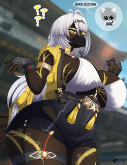 alternate_species anthro asian_clothing beak big_breasts black_body black_bottomwear black_clothing black_fur bottomwear breasts clothed clothing dark_body dark_fur dialogue feathers female fur furrification gloves hair handwear high-angle_view huge_breasts jacket long_hair looking_at_another looking_down low-angle_view markings monotone_body monotone_fur non-mammal_breasts solo speech_bubble talking_to_another text thick_thighs topwear under_boob unimpressed white_hair wide_hips yellow_clothing yellow_eyes yellow_markings yellow_topwear sly_shadex fototeta mihoyo zenless_zone_zero yi_xuan avian bird thiren digital_drawing_(artwork) digital_media_(artwork) english_text hi_res