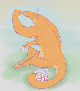 anthro dessert facial_markings food head_markings holding_object holding_plate ice_cream looking_at_viewer male male_anthro markings mouth_closed nude orange_body plate purple_markings scales side_view simple_background sitting solo star_(marking) yellow_body yellow_scales aduran milo_(aduran) crocodile crocodilian reptile scalie absurd_res hi_res