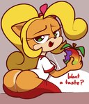 2023 activision anthro bandicoot blonde_hair breasts butt butt_cleavage clothing coco_bandicoot crash_bandicoot_(series) dialogue english_text female food fruit green_eyes hair mammal marsupial open_mouth orange_body plant ponytail simple_background sitting solo speech_bubble text vilepluff