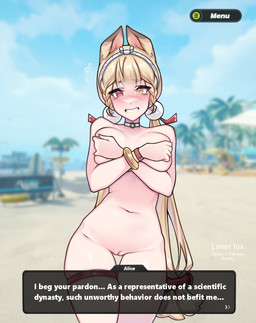 animal_ears bangle beach blonde_hair blush blush_lines bracelet breasts brown_body brown_fur choker covering covering_breasts day dialogue dialogue_box dipstick_ears ear_markings eyelashes female female_humanoid front_view fur genitals hair heterochromia jewelry looking_at_viewer multicolored_ears navel necklace nude nude_female nude_humanoid outside palm_tree plant public public_nudity red_eyes screencap screencap_background skindentation solo standing talking_to_viewer tan_body tan_fur tan_skin text text_box thick_thighs thigh_gap thigh_strap tree twintails_(hairstyle) user_interface vulva wide_hips yellow_eyes lonerfox mihoyo zenless_zone_zero alice_thymefield animal_humanoid humanoid lagomorph lagomorph_humanoid leporid_humanoid mammal mammal_humanoid rabbit_humanoid thiren 2025 digital_media_(artwork) portrait three-quarter_portrait